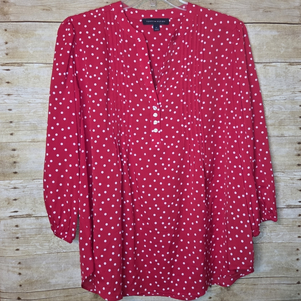 Tommy Hilfiger Red and White Polka Dot Blouse, 1X